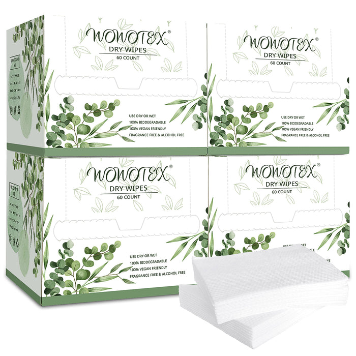 WOWOTEX Disposable Face Towel Biodegradable Large Dry Face Wipes 240 Count/4 Box Extra Thick Soft Clean Facial Towels for Sensitive Skin, Makeup Removing, Facial Cleansing, Nursing, Travel, 10"×12"