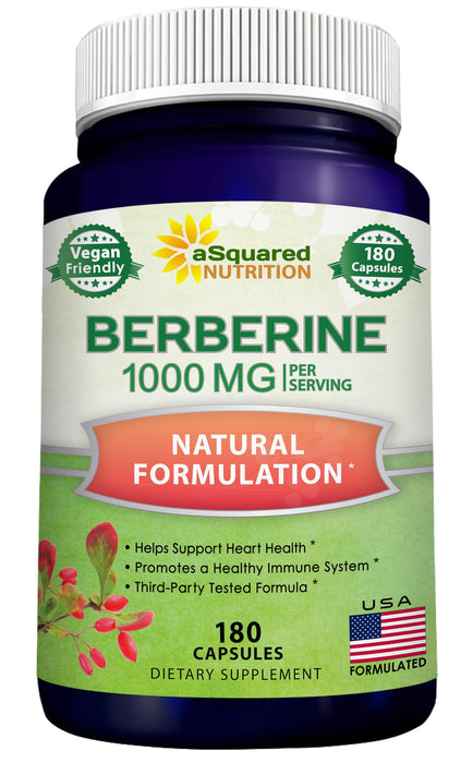 ASquared Nutrition Pure Berberine Supplement, 1000 mg, 180 Veggie Capsules