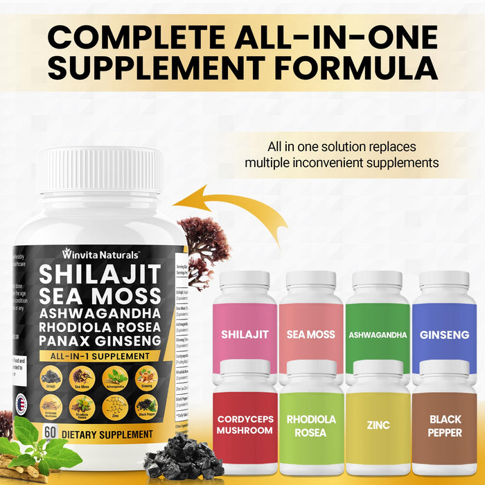 Shilajit Pure Himalayan Organic 10,000mg Sea Moss 6000mg Ashwagandha 3000mg Panax Ginseng 3000mg Cordyceps Rhodiola Rosea 1000mg Zinc, Fulvic Acid & Trace Minerals - Sea Moss Shilajit Capsules USA