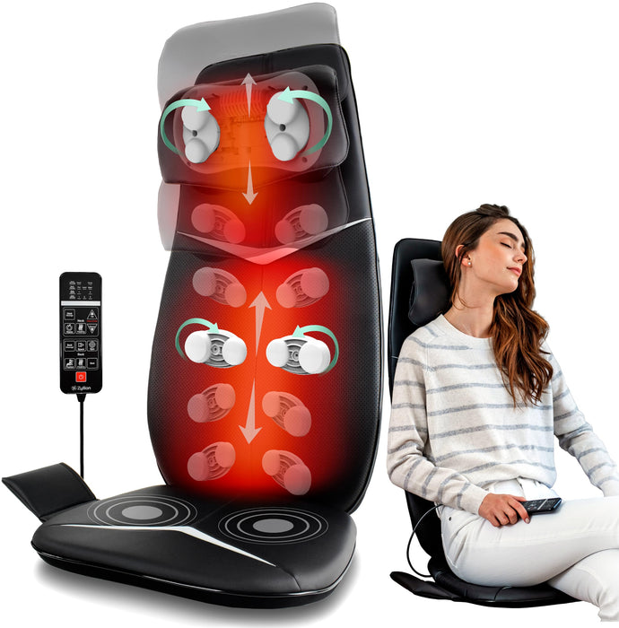 Zyllion Shiatsu Neck and Back Massager with Heat - 3D Kneading Deep Tissue Electric Massage Chair Pad with Height Adjustment, Seat Cushion Vibration for Muscle Pain Relief - Black (ZMA-33B)