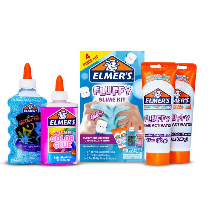 Elmer’s Fluffy Slime Kit, Includes Translucent Color Glue, Glitter Glue, Fluffy Slime Activator, 4 Count - Perfect for Birthday Parties, Summer Fun, Creative Kids Activity