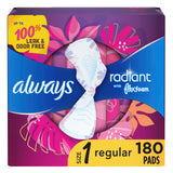 Always Radiant Feminine Pads For Women, Size 1 Regular Absorbency, Multipack, With Flexfoam, With Wings, Light Clean Scent, 30 Count x 6 Packs (180 Count total)