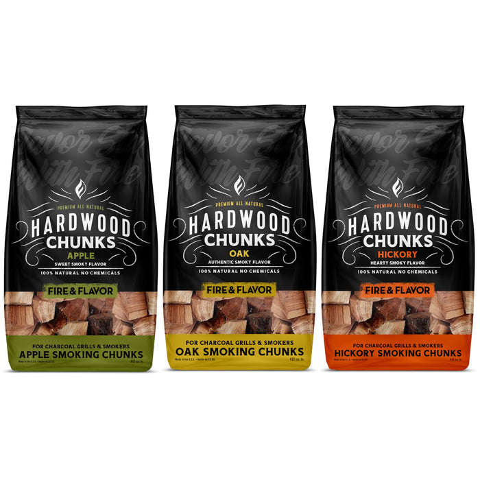 Fire & Flavor Premium All Natural Wood Chunk Bundle for Smokers - Wood Chunks for Smoking - Smoker Wood Chunks - Smoker Accessories Gifts for Men and Women - Oak, Apple, Hickory