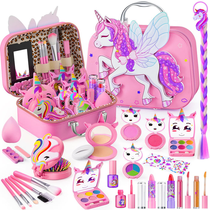 Kids Makeup Kit for Girl - Girls Makeup Kit Toys with Flying Horse Storage Case, Kids Play Makeup Set for Christmas Birthday Gift 3 4 5 6 8 10 11 12+ Years Old