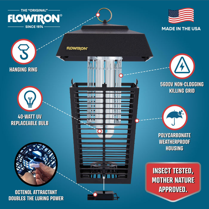 Flowtron Electric Bug Zapper 1 Acre Outdoor Insect Control with Dual Lure Method, 40W UV Light & Octenol Attractant for Fly & Mosquito, 5600V Kill Grid, Made in USA, UL Certified