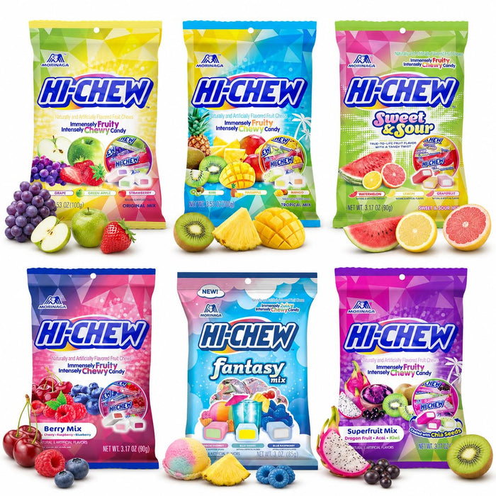 HI-CHEW Variety Mix, Pack of 6 Bags - 17 Flavor Assort Sweet and Sour Chewy Candy, Unique Fun Soft - Immensely Juicy Fruity Candy Flavors - Individually Wrapped Halloween Candy