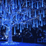 Weepong Meteor Shower Lights Outdoor Christmas Lights UL Certified Falling Rain Drop Lights Snowfall Icicle Cascading String Lights for Xmas Holiday Tree Garden Decor Blue, 12Inch 8Tubes