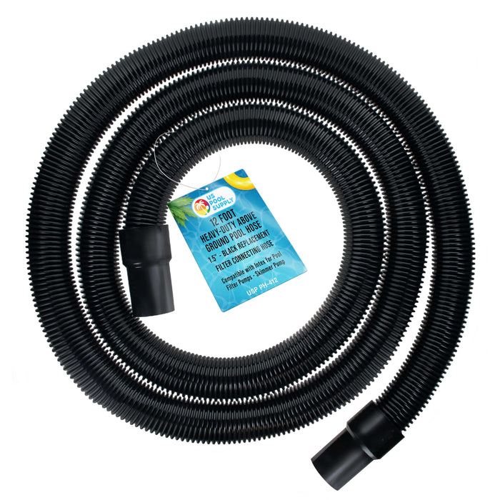 U.S. Pool Supply 12 Foot Heavy-Duty Above Ground Pool Hose, 1.5" - Black Replacement Filter Connecting Hose, Flexible Spiral Wound EVA - Compatible with Intex for Pool Filter Pumps -Skimmer Pump