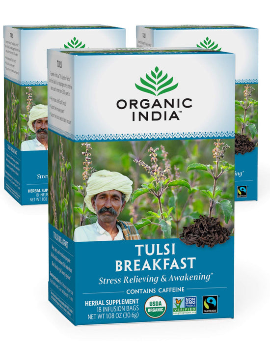 Organic India Tulsi Breakfast Herbal Tea - Holy Basil, Stress Relieving & Awakening, Immune Support, Adaptogen, Vegan, USDA Certified Organic, Non-GMO, Caffeinated - 18 Infusion Bags, 3 Pack