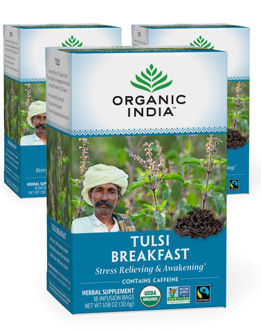 Organic India Tulsi Breakfast Herbal Tea - Holy Basil, Stress Relieving & Awakening, Immune Support, Adaptogen, Vegan, USDA Certified Organic, Non-GMO, Caffeinated - 18 Infusion Bags, 3 Pack