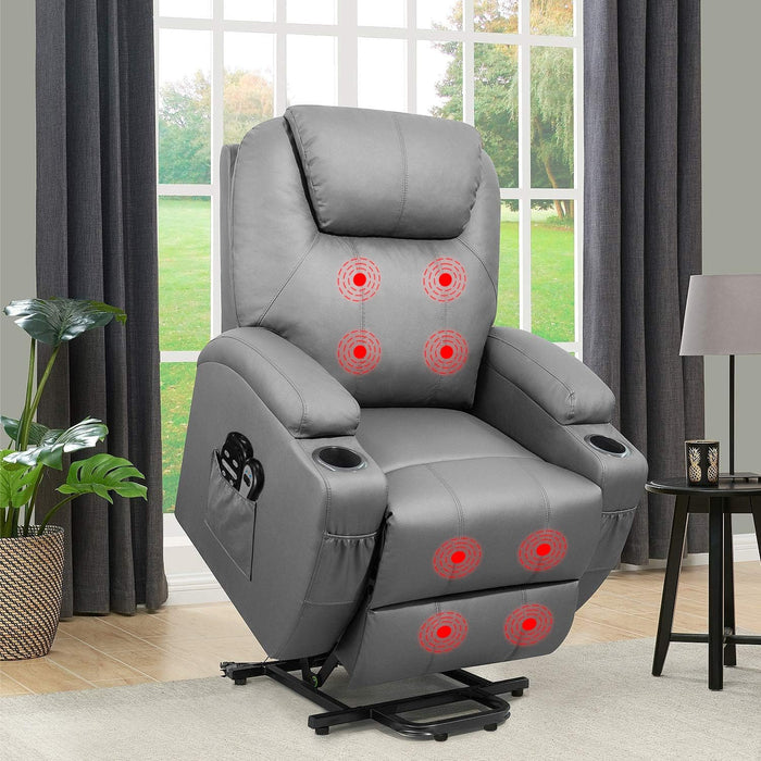 Flamaker Power Lift Recliner Chair PU Leather with Massage for Elderly Ergonomic Lounge Chair Classic Single Sofa with 2 Cup Holders Side Pockets Home Theater Seat (Leather, Gray)