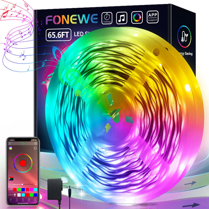 FONEWE 65.6FT LED Lights for Bedroom Ultra Long Music Sync LED Strip Lights LED Lights with APP Remote RGB Color Changing LED Light Strip Lights for Bedroom Halloween Christmas