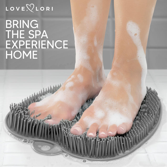 LOVE, LORI Shower Foot Scrubber Mat & Foot Massager with Non-Slip Suction Cups - Cleans, Smooths, Exfoliates & Messages Your Feet Without Bending -Shower Chair Friendly - Grey