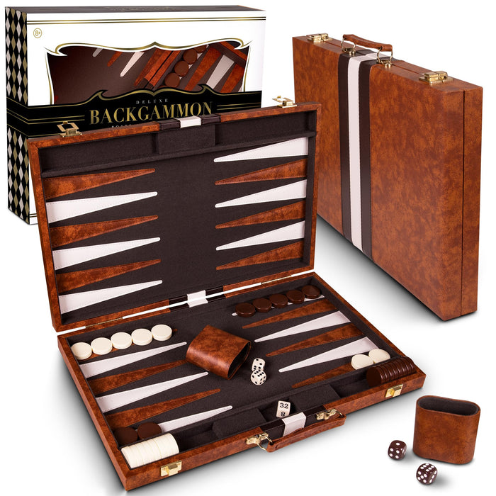 Backgammon Set 15 inch, Medium - Classic Board Game for Adults and Kids with Premium Leather Case - Includes Strategy & Tip Guide (Brown)