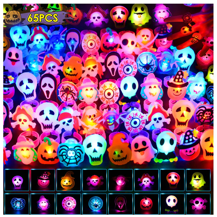 Tiaxidex 65PCS Halloween Light Up LED Rings, Non Candy Trick or Treats 3D Flashing Rings Toys Glow In the Dark Halloween Party Favor Ring Toy Gifts For Kids Adults Goodie Bag Stuffers