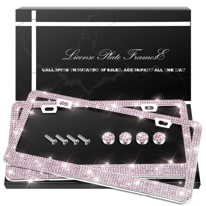 QUANQIUFEI 2 Pack Bling License Plate Frames, Sparkly Rhinestone Diamond Car License Plate Cover for Women, Stainless Steel Car Accessories with Glitter Crystal Caps (Light Rose)