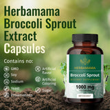 HERBAMAMA Broccoli Sprouts Capsules - Brain Support Sulforaphane Supplement - Broccoli Sprout Extract for Immunity & Cell Growth - Broccoli Supplement - Vegan Non-GMO 1000mg, 100 Caps