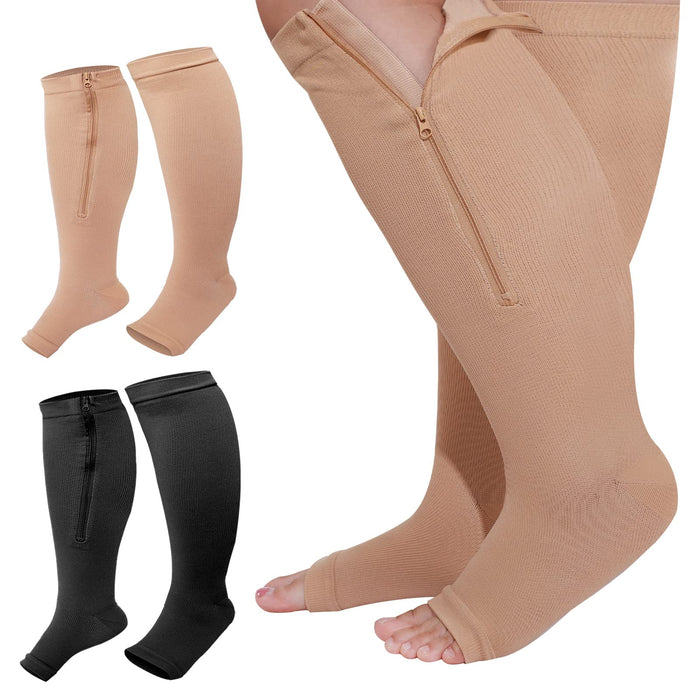 Hillban 2 Pair Plus Size Calf Zipper Compression Socks 15 to 25 Mmhg Open Toe Compression Stockings for Overweight Women Men (Black, Nude, 4 XL)
