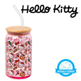 Silver Buffalo Sanrio Hello Kitty Gingerbread Cookies Christmas Holiday Pink Glass Tumbler with Bamboo Lid and Glass Straw, 16 Ounces