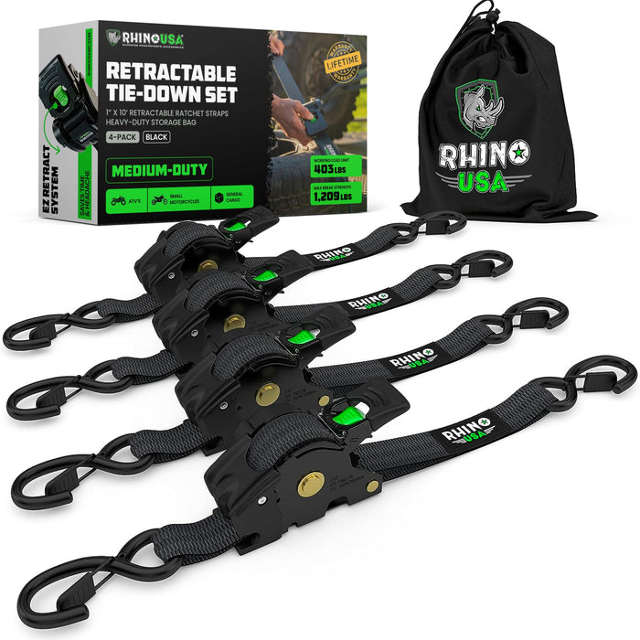 Rhino USA Retractable Ratchet Tie Down Straps (4PK) - 1,209lb Max Break Strength, Includes (4) Ultimate 1" x 10' Autoretract Tie Downs with Padded Handles