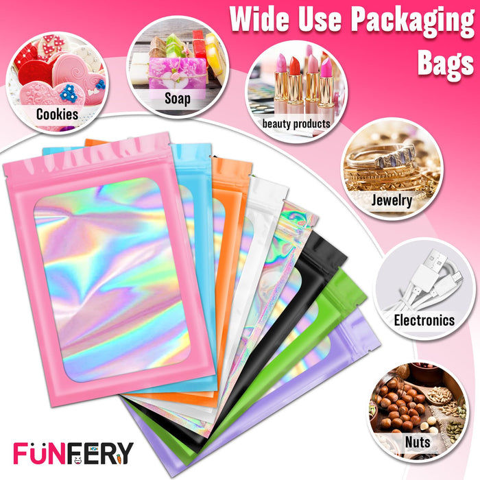 Funfery 300 Pack 3 Size Mylar Holographic Bags with Clear Window,Resealable Bags Smell Proof Bags Ziplock Bags Packaging Pouch for Food Storage,Sample,Small Business(Holographic,3x4.7,4x6,4.7x7.9in)