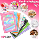 Funfery 300 Pack 3 Size Mylar Holographic Bags with Clear Window,Resealable Bags Smell Proof Bags Ziplock Bags Packaging Pouch for Food Storage,Sample,Small Business(Holographic,3x4.7,4x6,4.7x7.9in)