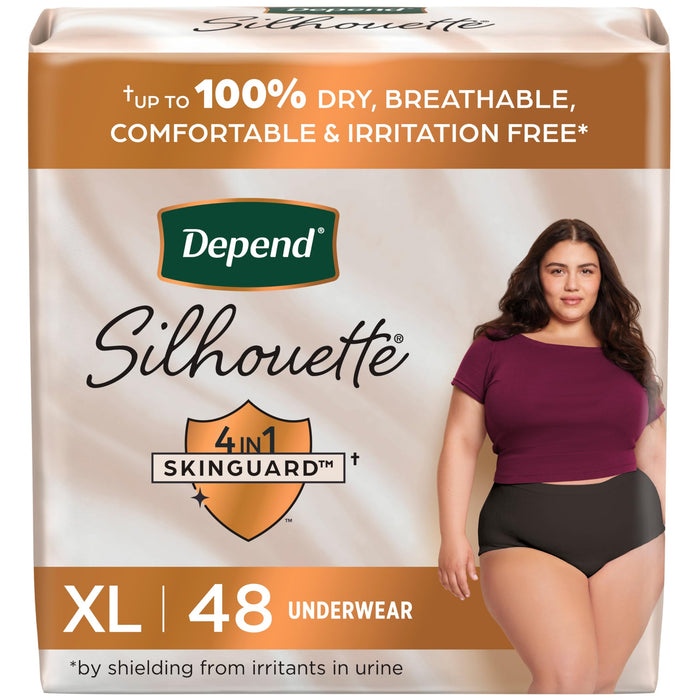 Depend Silhouette Adult Incontinence & Postpartum Bladder Leak Underwear for Women, Maximum Absorbency, Extra Large, Black, 48 Count (2 Packs of 24), Packaging May Vary