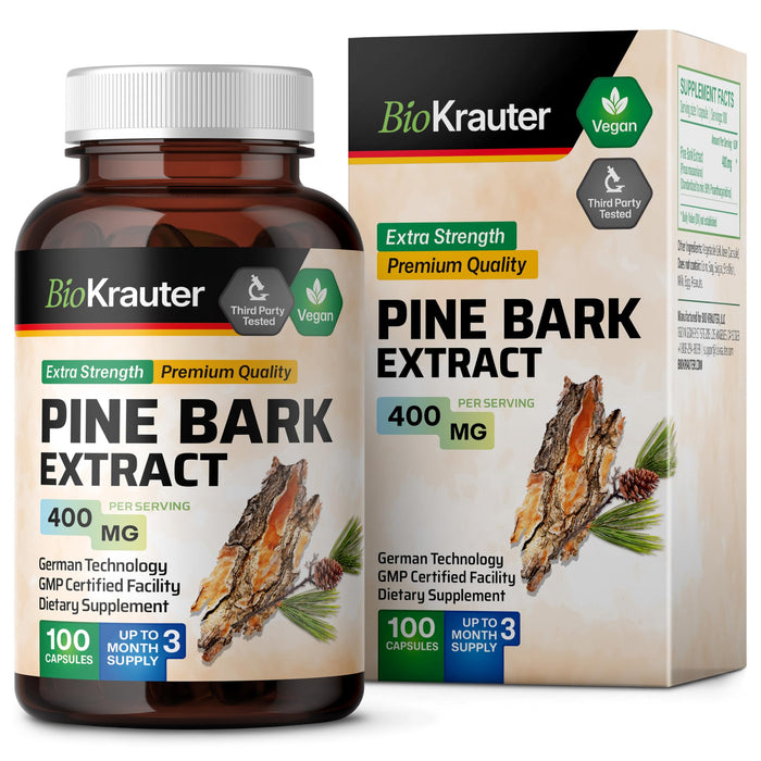 BIO KRAUTER Pine Bark Extract Capsules - Potent Antioxidant Supplement - 95% Proanthocyanidins - 400 mg Organic Pine Bark Extract Pills - 100 Vegan Caps