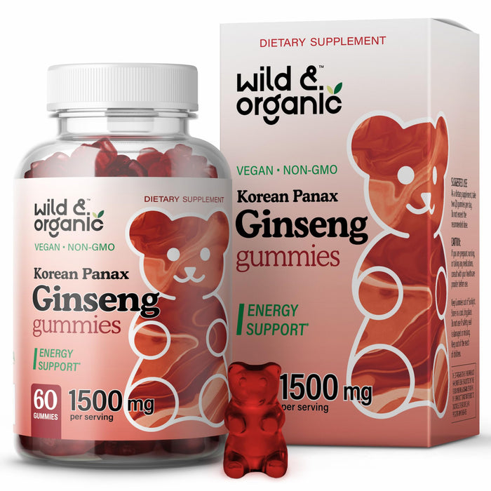 Wild & Organic Korean Panax Red Ginseng Gummies - Energy & Brain Supplements Gummy Vitamins - Memory, Mental Focus & Immune Support Vegan Supplement - 1500 mg 60 Chews
