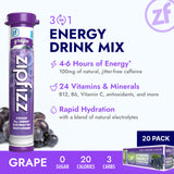 Zipfizz Daily Energy Drink Powder, Grape, 20 Pack | 3-in-1 Sustained Energy, Rapid Hydration, and Essential Vitamins | Sugar-Free | Electrolyte Powder | Contains Vitamin B-12 & Antioxidants