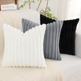 decorUhome Christmas Faux Fur Throw Pillow Covers 18x18 Set of 2, Decorative Soft Plush Striped Couch Pillow Covers with Velvet Back for Sofa, Bed, Living Room, White