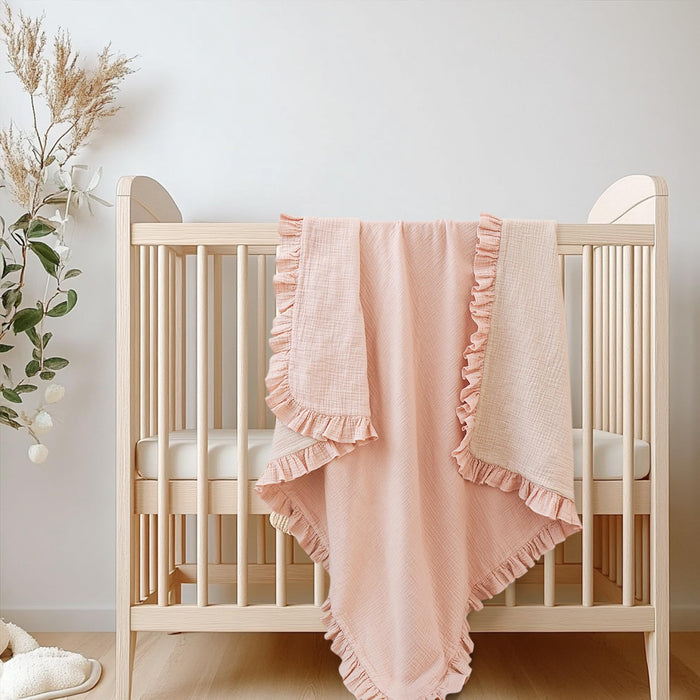 Konssy Flounce Muslin Baby Blanket for Girls Boys, 100% Cotton Soft Crib Swaddle Blankets, Reversible & Breathable Nursery Bedding for Newborns Toddlers, 40 x 36 Inches (Pink)