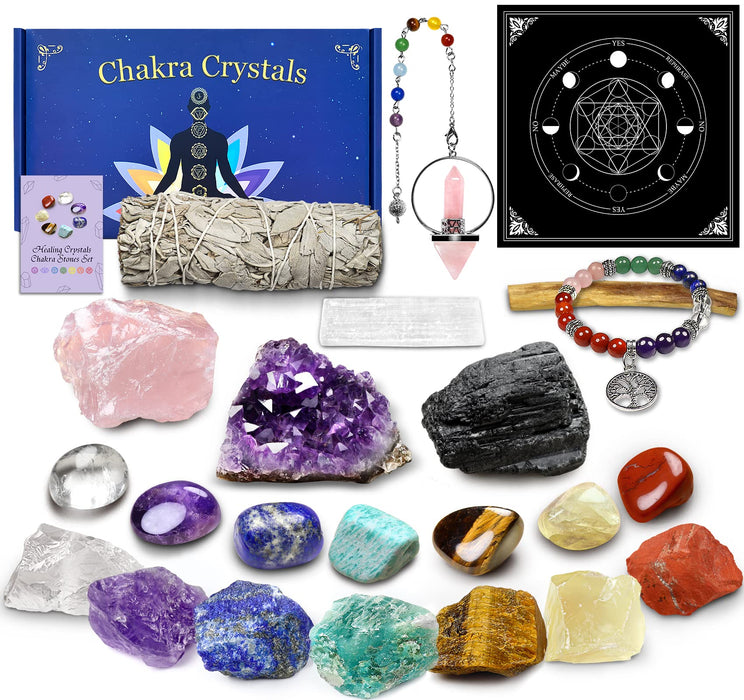 Healing Crystals Set, Crystals and Healing Stones Kit, Crystals for Beginners, 14 Chakra Crystals Stones, Rose Quartz, Amethyst Cluster, Tourmaline, Pendulum, Altar Cloth, Selenite Bracelet, Sage