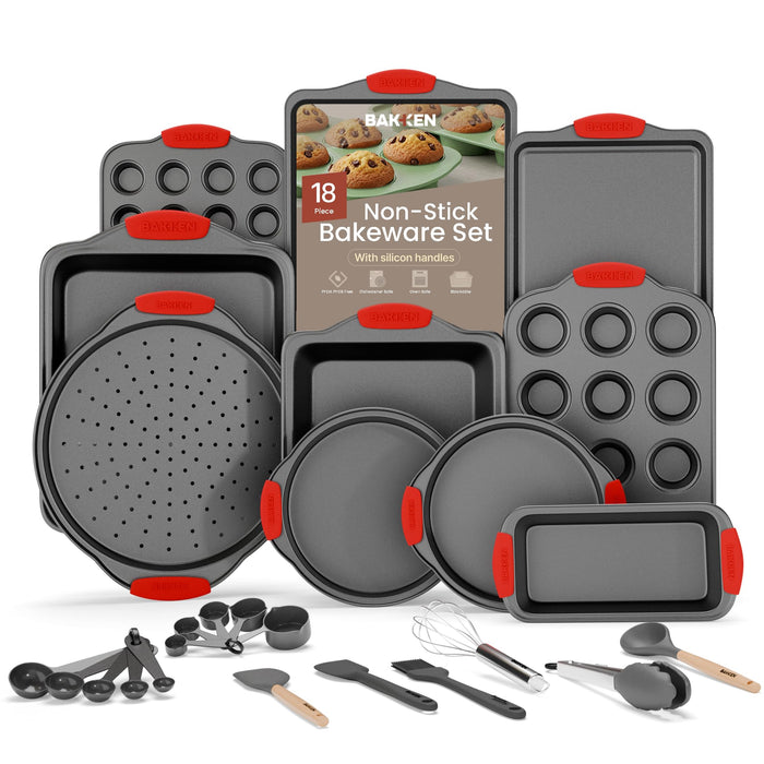 BAKKEN Kitchen Baking Pan Set - Nonstick Coating, Carbon Steel Bakeware Sets with Red Silicone Handles, Baking Kitchen Essentials, PFOA, PFOS, PTFE Free, Oven Safe Tray (Up To 450° F), Set of 18