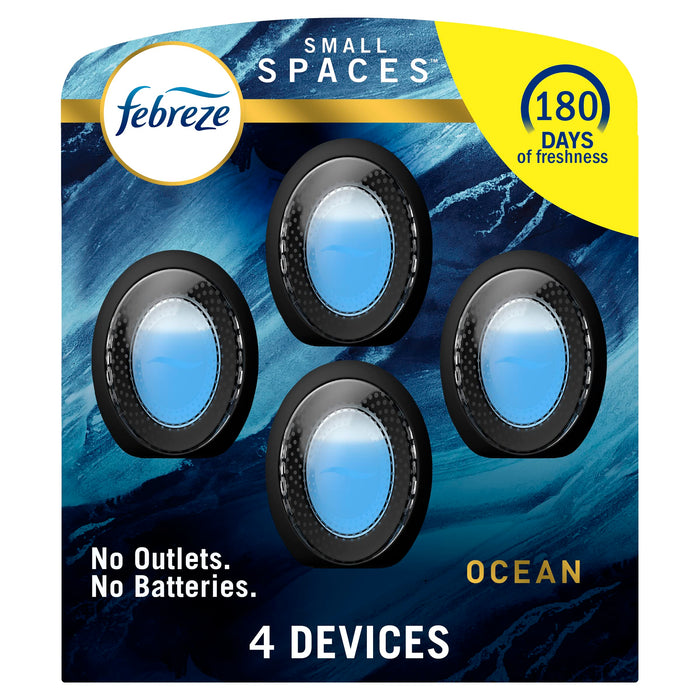 Febreze Small Spaces Air Freshener, Odor-Fighting, Plug In Alternative, Air Fresheners for Home and Bathroom and Kitchen, Ocean Scent, 4 Count (Pack of 1)