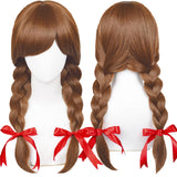 Long Brown Braided Wig for Women Girls with Red Ribbons, Brown Princess Wig with Bangs Pigtails + Wig Cap for Halloween Costume Cosplay