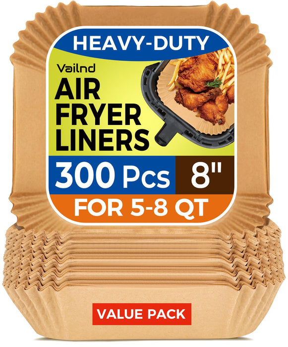 300 Pcs Air Fryer Paper Liners, 8" Square Air Fryer Liners Disposable, Heavy-duty Parchment Paper for 5-8 qt Airfryer Basket, Non-Stick & Grease Proof Baking Liner for Oven Pan