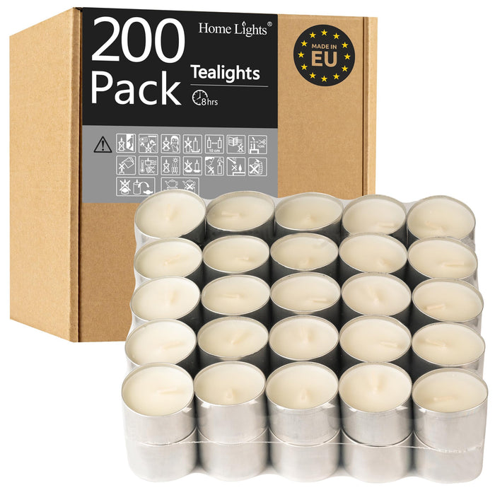 HomeLights Tealight Candles - 8 Hour Long time Burning, Giant 100,200,300 Packs -White Votive Smokeless European Tea Light Unscented Candles for Shabbat, Weddings, Christmas,Home Decorative -200 Pack