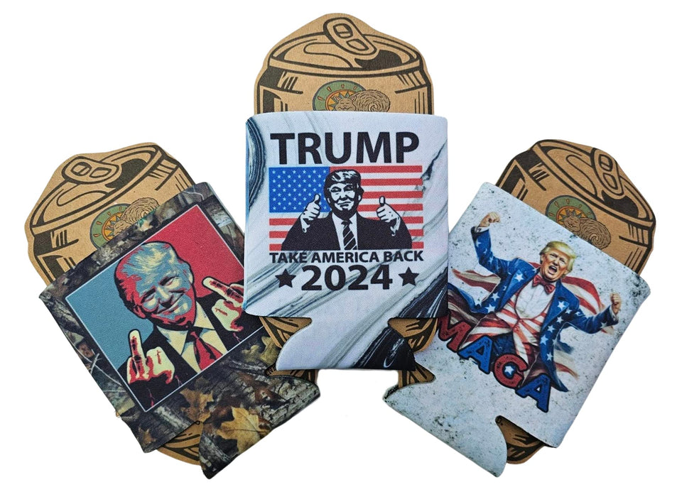 Donald Trump Gift Set of 3 Hilarious Political 2024 MAGA Coozie Can Cooler Party Favor Game Night Beverage Insulator Lets Go Brandon (Slim Can)