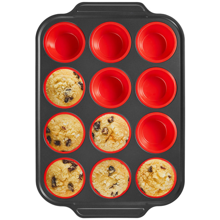 BRONYPRO Silicone Muffin Pans for Baking with Metal Frame, Egg Bite Molds, Cupcake Pans 12 Regular Size, Muffin Tins Easy to Pop Nonstick Non Toxic Bakeware for Oven, Red