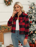 Zeagoo Flannel Shirts for Women Cropped Plaid Jacket Shacket Button Down Red Christmas Winter Jackets Coat