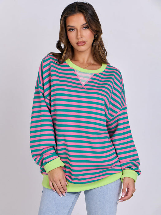 ANRABESS Women Striped Sweatshirt Long Sleeve Shirts Crewneck Oversized Casual Pullover Top 2024 Fall Fashion Outfits Clothes Pink Green Large