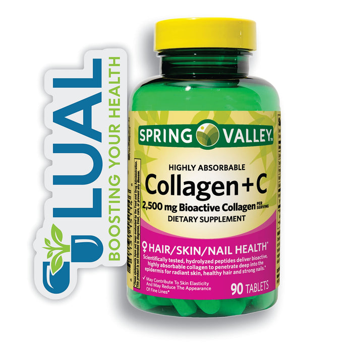 Collagen + Vitamin C 60 mg. Includes Luall Sticker + Spring Valley's Collagen + C Tablets, 2,500mg, 90 Tablets