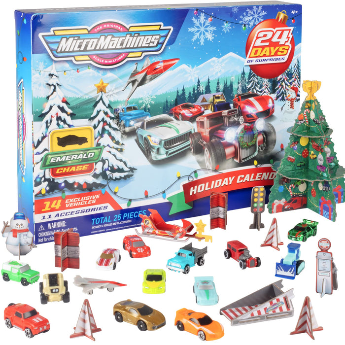 Micro Machines 2024 Holiday Christmas Advent Calendar 25 Piece Christmas Toy Playset - Includes Mini 2" Toy Cars Figures & Accessories - Racetrack Collectible Playset - Gift for Boys, Girls, and Kids