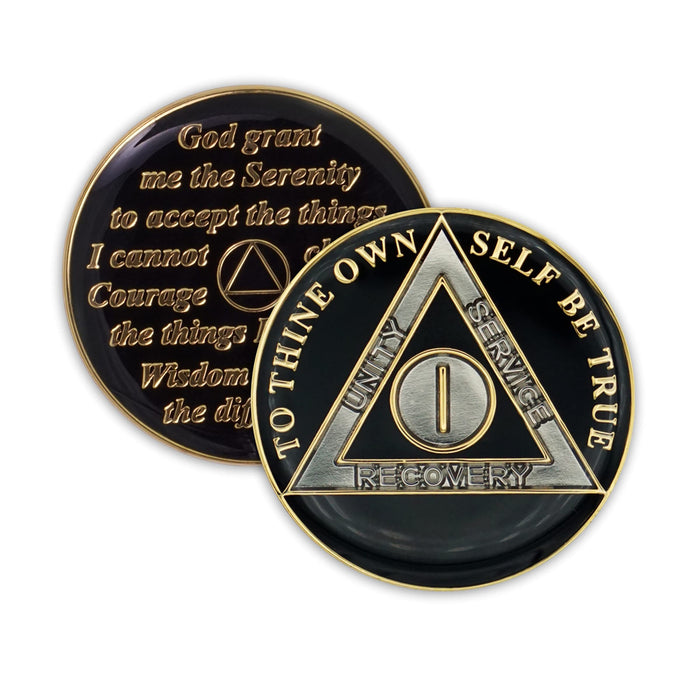 1 Year Sobriety Coin | Triplate AA Chip Recovery Anniversary Token (Black)