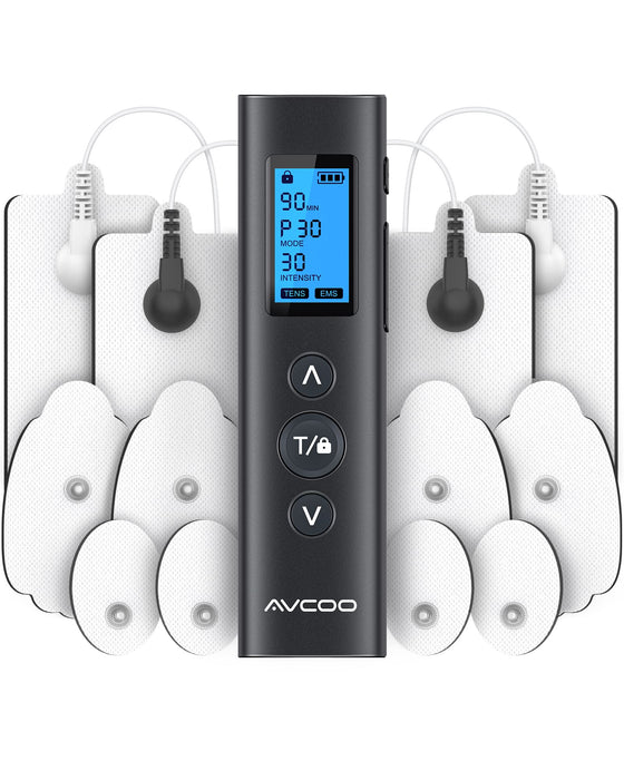 AVCOO 30 Modes TENS EMS Unit Compact Muscle Stimulator for Pain Relief, Rechargeable & Portable Dual Channel EMS Muscle Stimulator with 30 Intensity Levels and 12 Electrode Tens Unit Replacement Pads