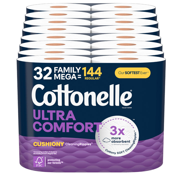 Cottonelle Ultra Comfort Toilet Paper with Cushiony CleaningRipples Texture, 32 Family Mega Rolls (32 Family Mega Rolls = 144 Regular Rolls) (8 Packs of 4), 296 Sheets per Roll, Packaging May Vary