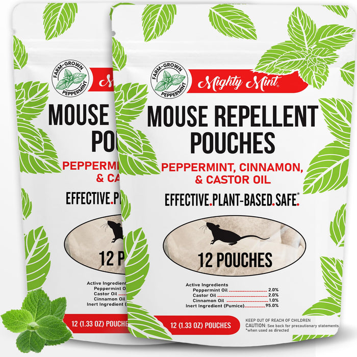 Mighty Mint Mouse Repellent Pouches – Peppermint, Castor Oil & Cinnamon Formula – Natural Indoor Deterrent for Mice and Rodents – Plant-Based, Long-Lasting Protection – 12 Count (Pack of 2)