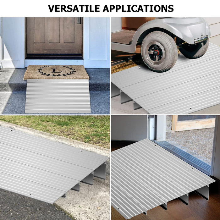 Door Threshold Ramp 4" Rise Door Ramp Aluminum Entry Ramp or Doorways Rated 800 lbs Load Capacity forWheelchair Scooters Power Chairs Walkers Metallic