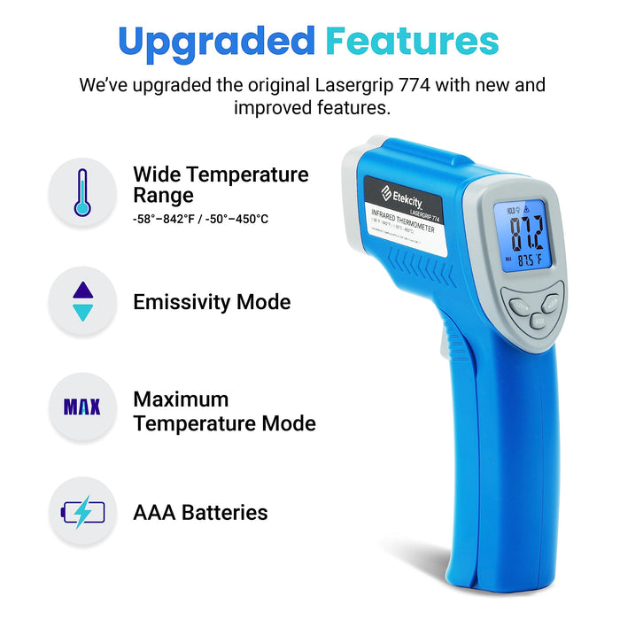 Etekcity Infrared Thermometer Upgrade 774, Heat Temperature Temp Gun for Cooking, Laser IR Surface Tool for Pizza, Griddle, Grill, HVAC, Engine, Accessories, -58°F to 842°F, Blue